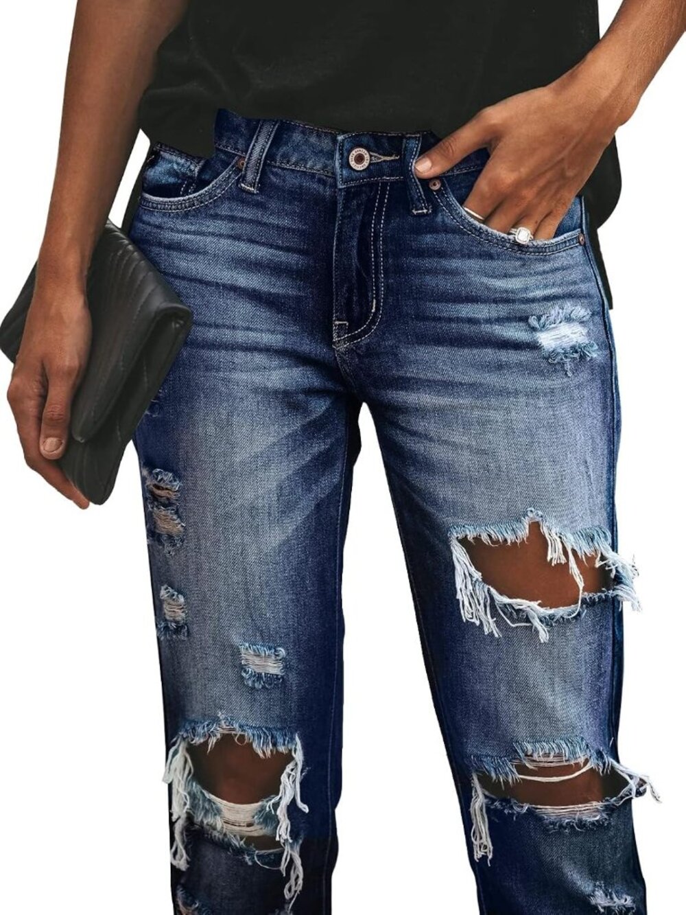 Women's Dark Blue Ripped Mid Waisted Boyfriend Jeans Loose Fit Distressed Jeans - Picture 5 of 5